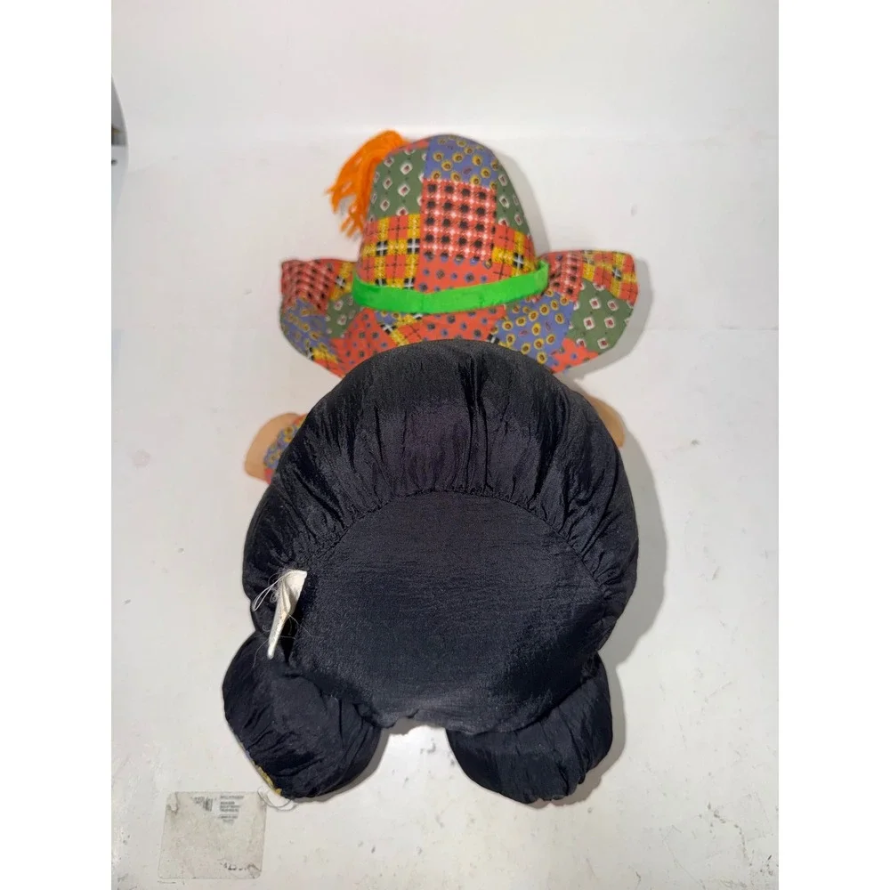 Vintage Patchwork Clown Plush Doll Colorful Bow Tie Orange Yarn Hair 12 Inch
